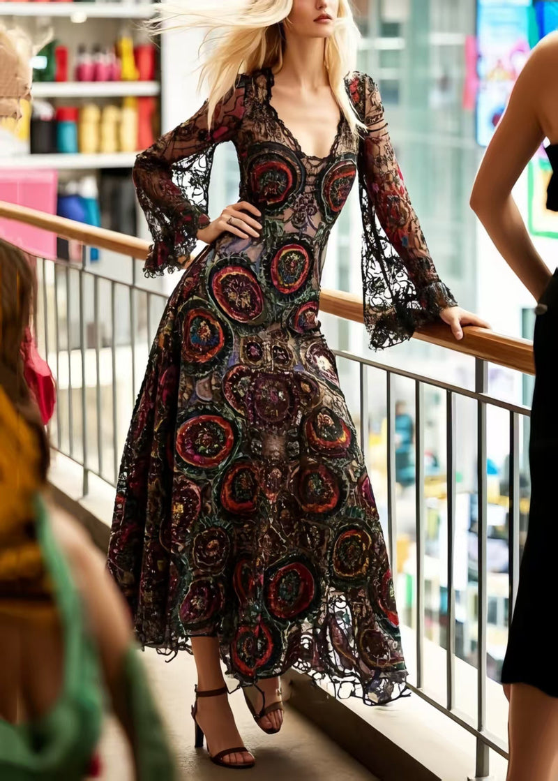 Black Print D Hollow Out Lace Dinner Dresses Summer