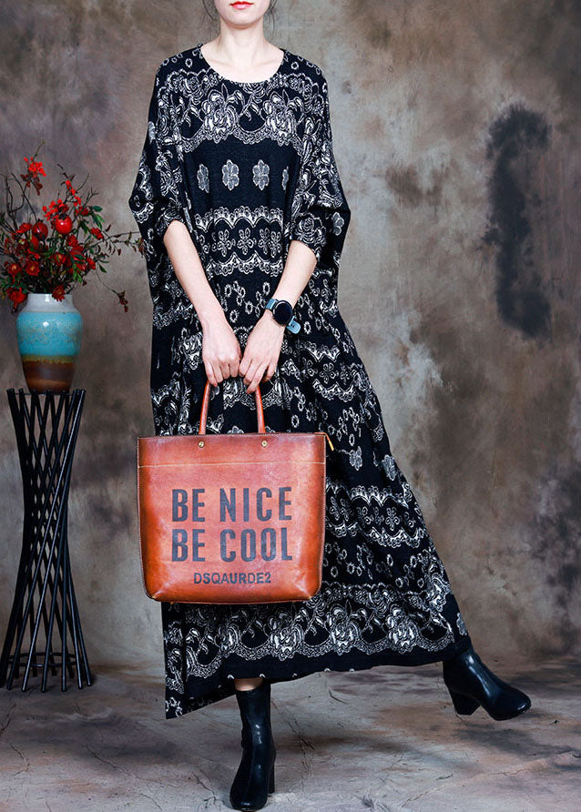 Black Knit Print Fall Long Sleeve Dress