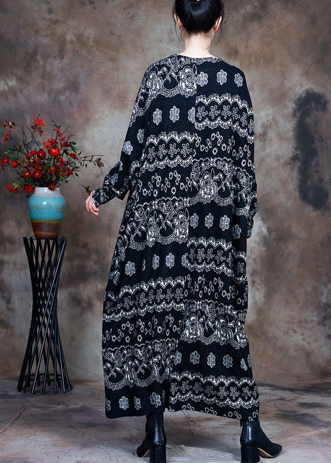 Black Knit Print Fall Long Sleeve Dress
