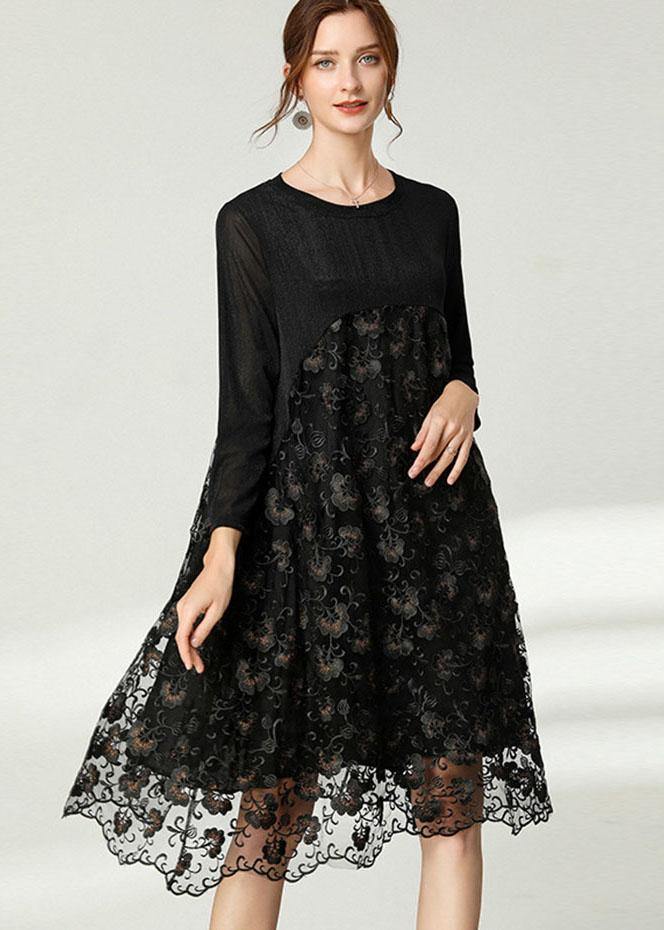 Black Lace Patchwork Fall Dress Long Sleeve