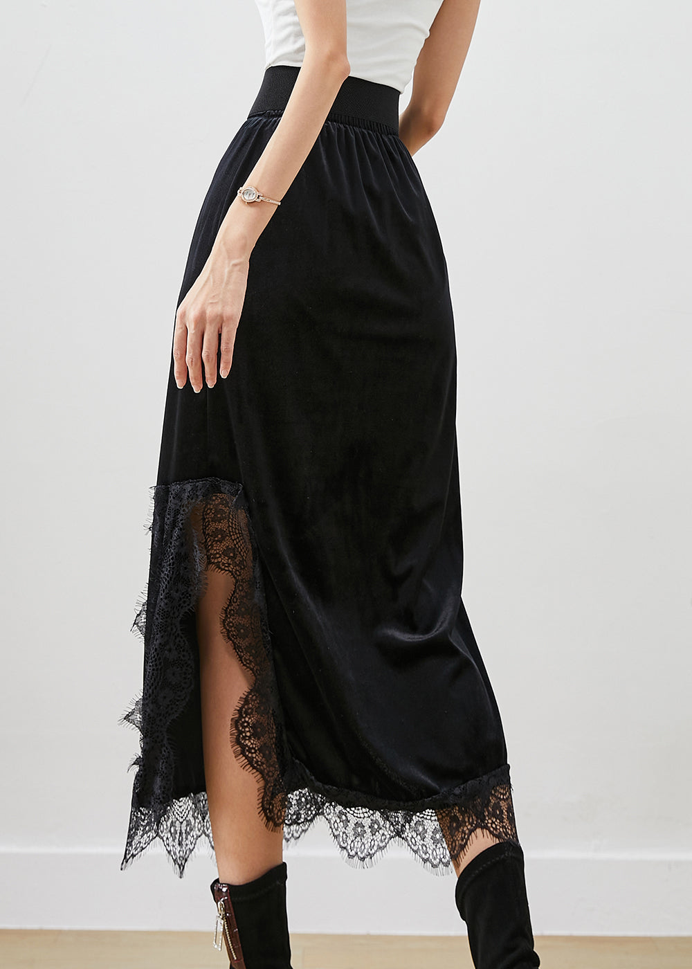 Black Lace Patchwork Side Open Silk Velour Skirts Fall