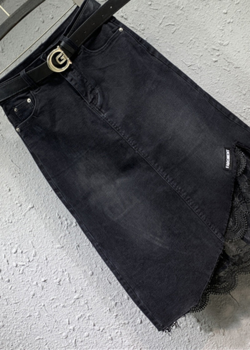Black Lace Pockets Patchwork Denim Skirt Fall