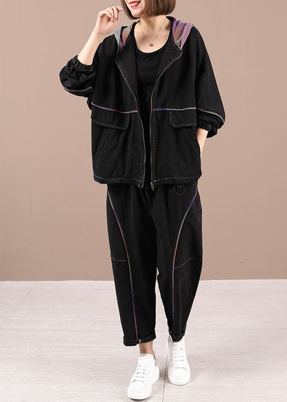 Loose Hooded Zippered Fall Two Pieces Set