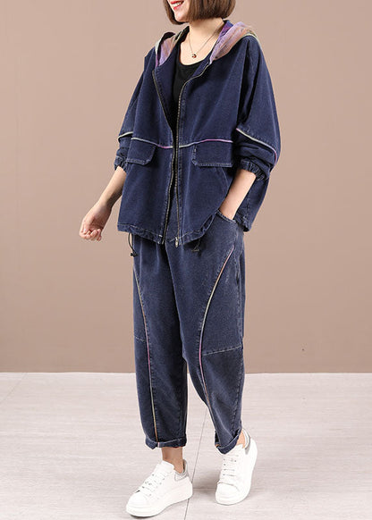 Black Loose Hooded Zippered Fall Two Pieces Set Long Sleeve