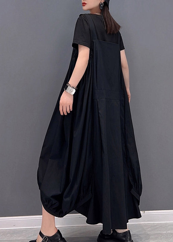 Black O-neck Asymmetrical Pockets Long Dresses Sleeveless