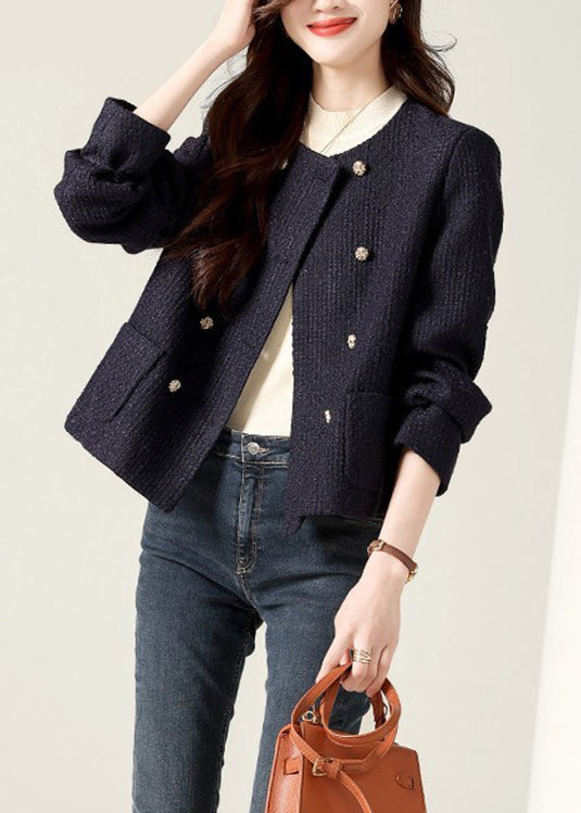Black O Neck Double Breast Patchwork Cotton Coats Fall