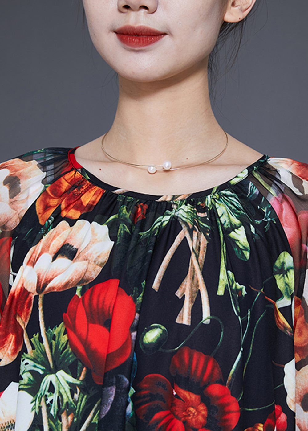 Black O-neck Print Silk Dress Bracelet Sleeve