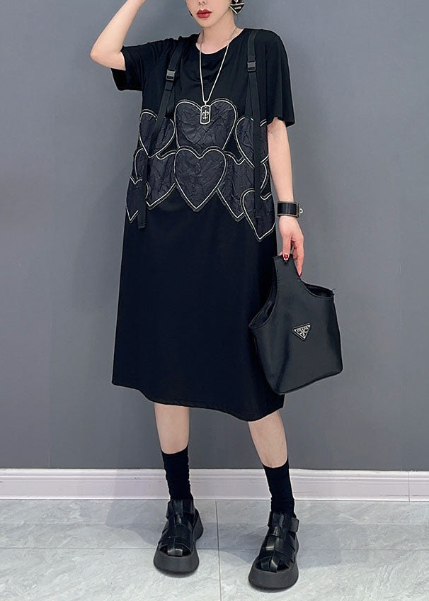 Black O Neck Heart Patchwork Cotton Dresses Summer