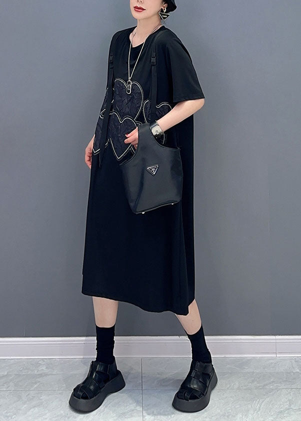 Black O Neck Heart Patchwork Cotton Dresses Summer