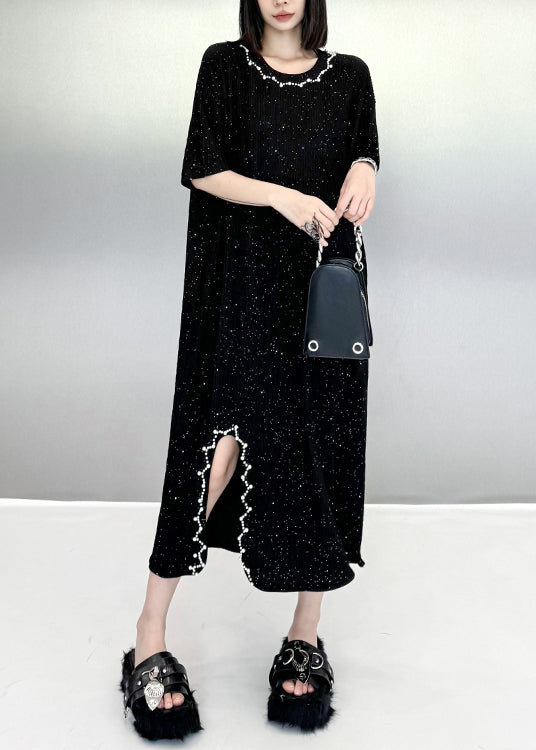 Black O Neck Nail Bead Cotton Dresses Summer