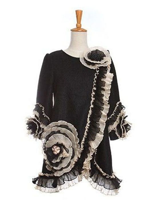 Black O-neck Nail Bead Woolen Coats Bracelet Sleeve