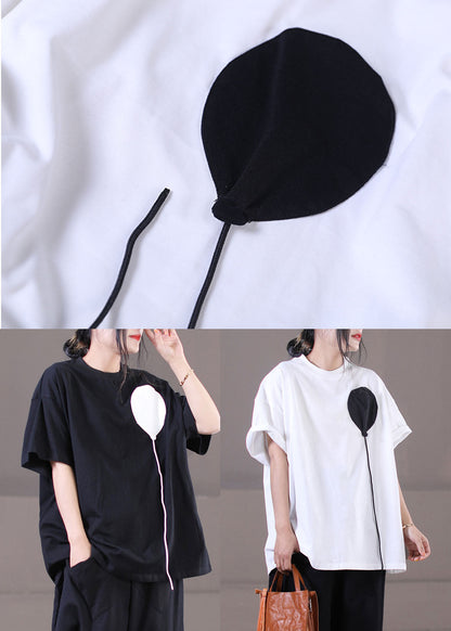 Black O-neck Patchwork Cotton Tanks Short Sleeve