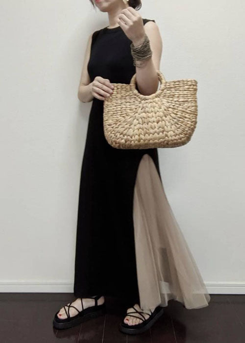Black O Neck Patchwork Tulle Long Dress Sleeveless