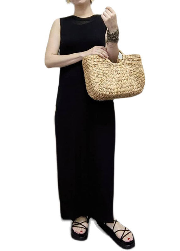 Black O Neck Patchwork Tulle Long Dress Sleeveless