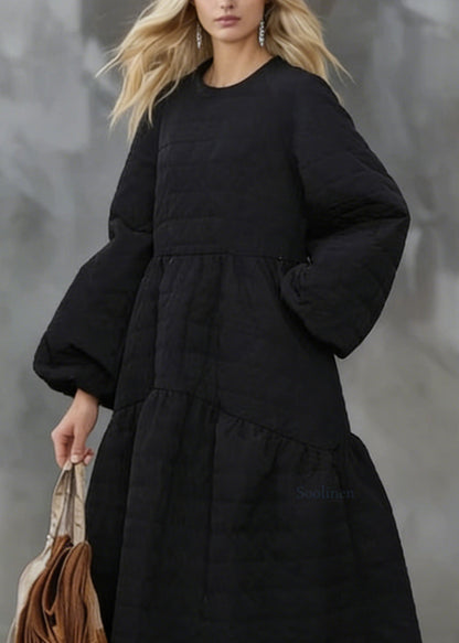 Black O Neck Pockets Patchwork Fine Cotton Filled Dress Winter