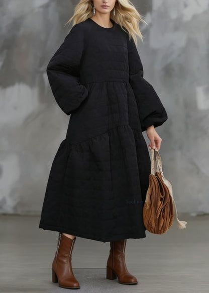 Black O Neck Pockets Patchwork Fine Cotton Filled Dress Winter
