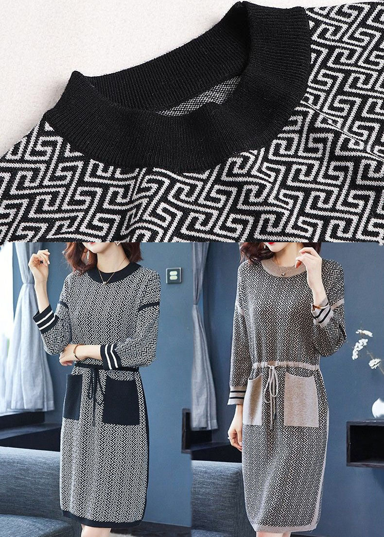 Black O-neck Print Drawstring Knit Sweater Dress Long Sleeve