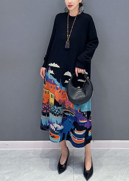 Black O-neck Print Knit Long Sweater Dresses Fall