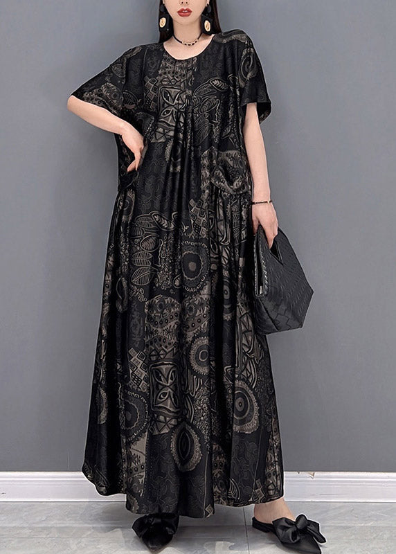 Black O-neck Print Pockets Long Dresses Short Sleeve