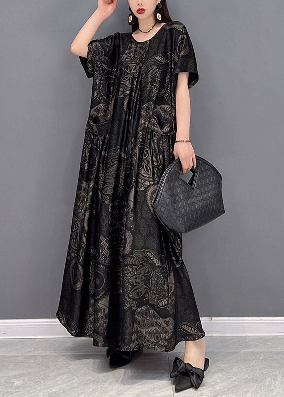 Black O-neck Print Pockets Long Dresses Short Sleeve
