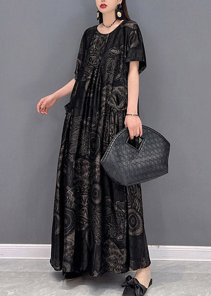 Blue Geometry O-neck Print Pockets Long Dresses Short Sleeve