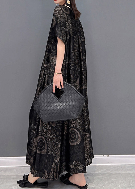 Black O-neck Print Pockets Long Dresses Short Sleeve