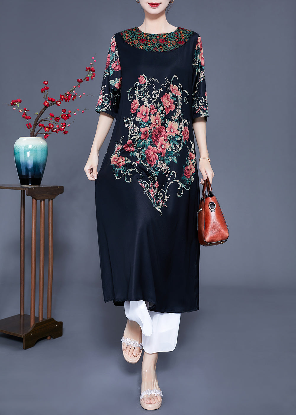 Black O-neck Print Silk Holiday Dress Half Sleeve
