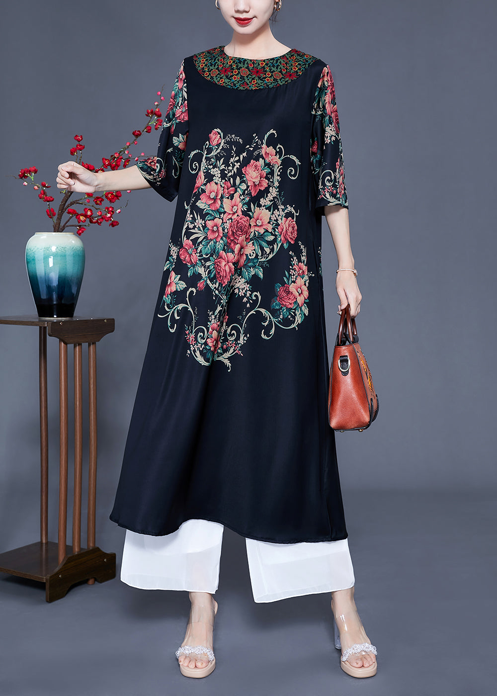 Black O-neck Print Silk Holiday Dress Half Sleeve