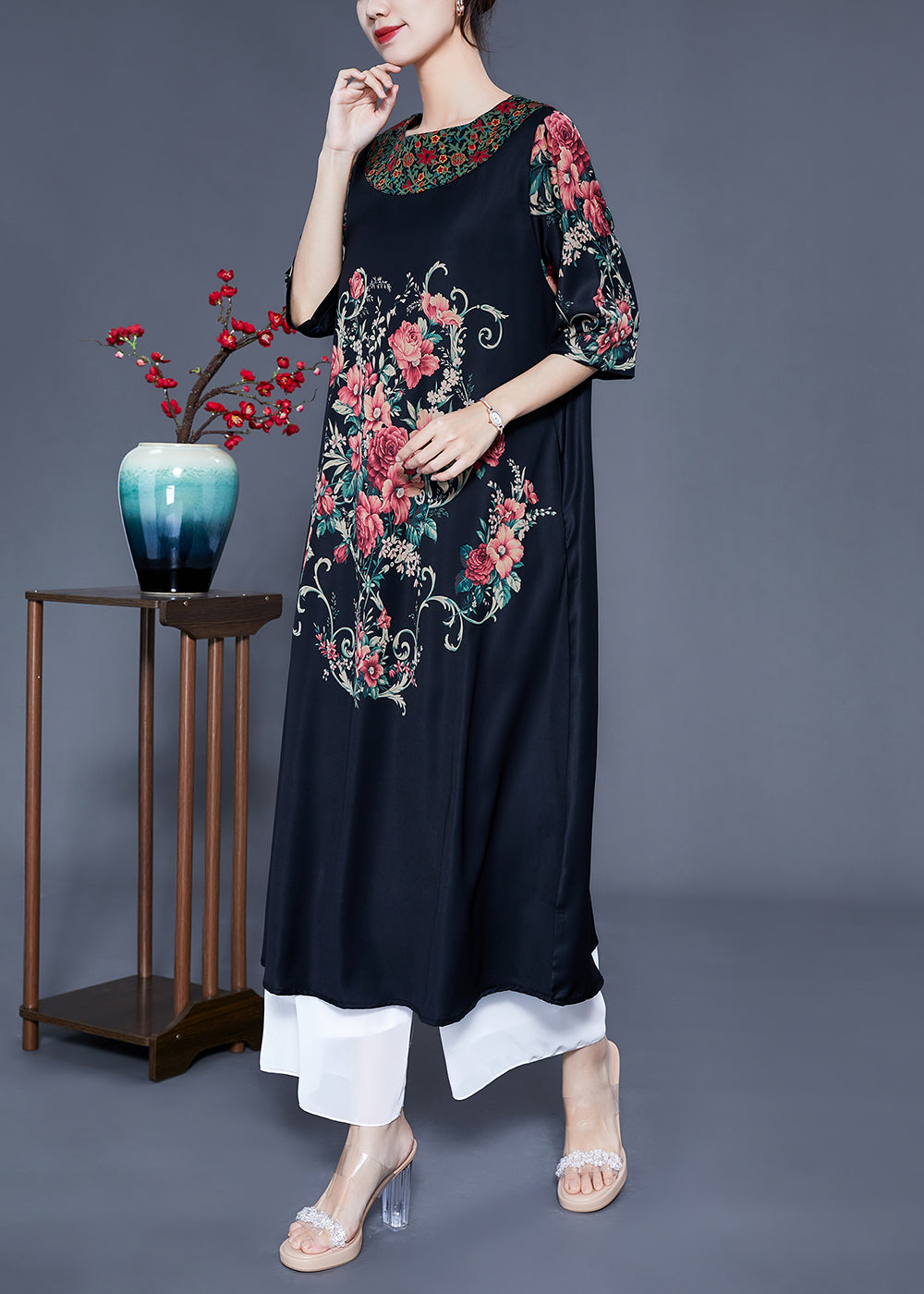 Black O-neck Print Silk Holiday Dress Half Sleeve