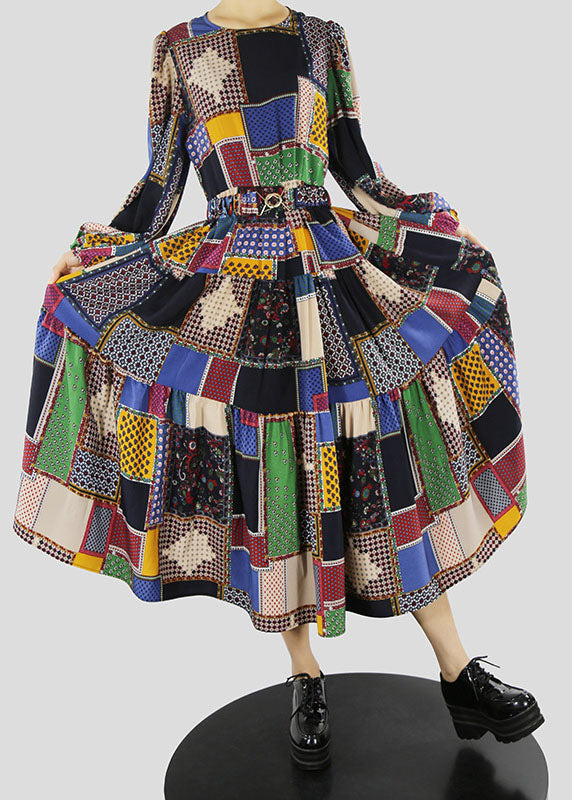 Black O-neck Sashes Print Holiday Dress Spring