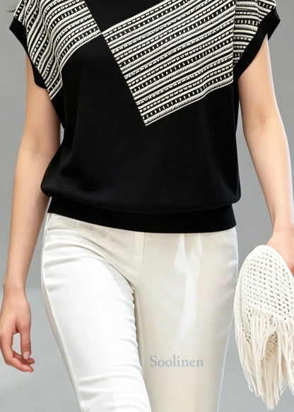 Black O Neck Striped Thin Knit T Shirt Top Summer