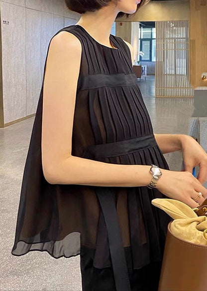 Black O-neck Tie Waist Chiffon Top Summer