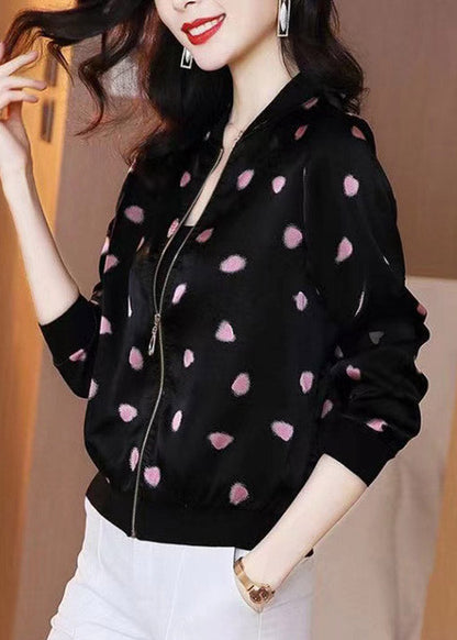 Black O-neck Zippere Print Chiffon Sunscreen Coat Summer