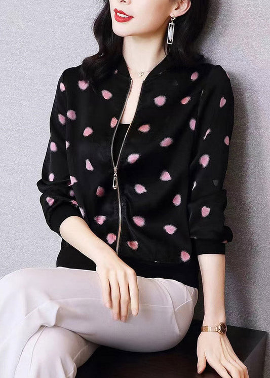 Black O-neck Zippere Print Chiffon Sunscreen Coat Summer