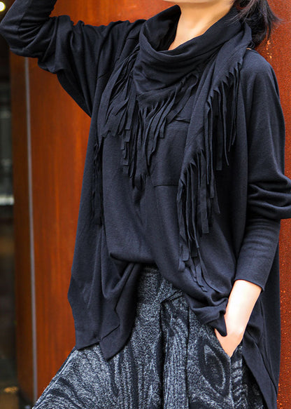 Beautiful Black O-Neck tasseled asymmetrical design Spring Tops Long sleeve