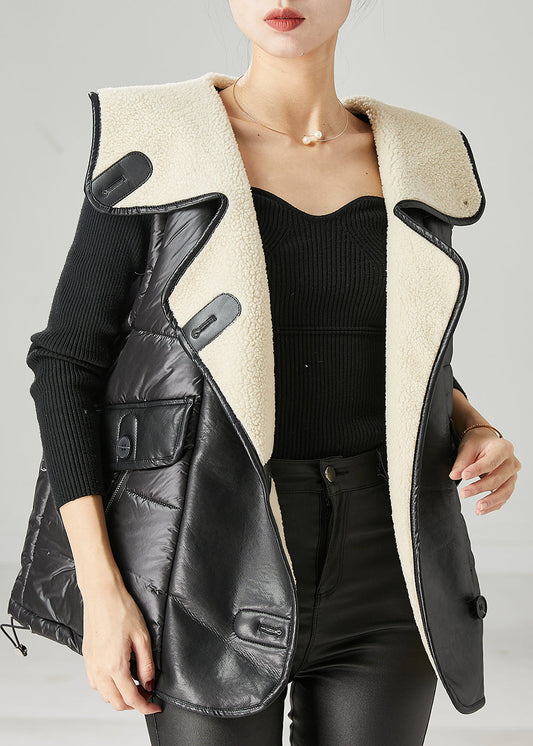 Black Oversized Patchwork Faux Leather Fine Cotton Filled Vests Spring