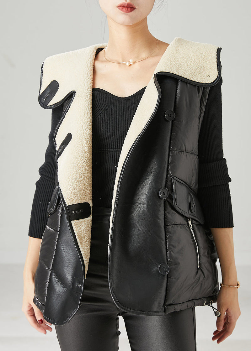 Black Oversized Patchwork Faux Leather Fine Cotton Filled Vests Spring