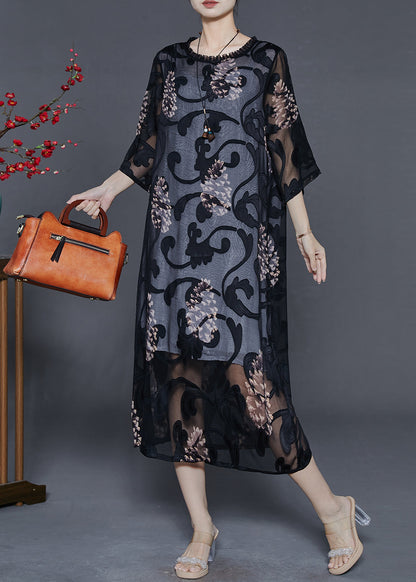 Black Oversized Print Tulle Maxi Dresses Summer