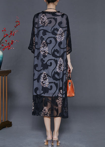 Black Oversized Print Tulle Maxi Dresses Summer