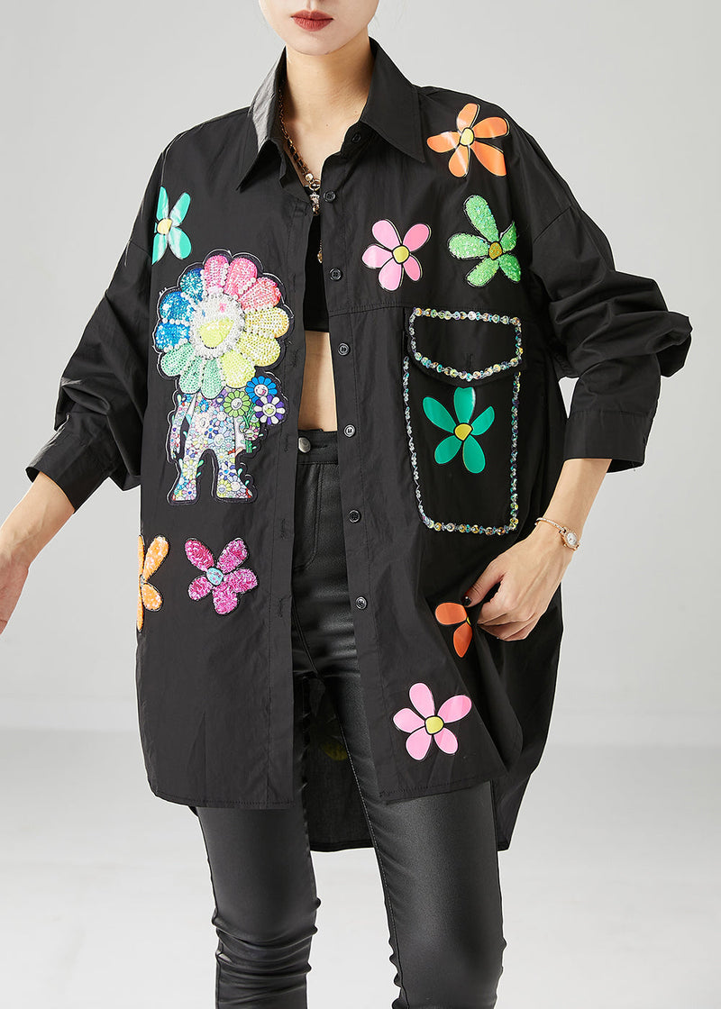 Black Oversized Sunflower Sequins Cotton Blouses Fall
