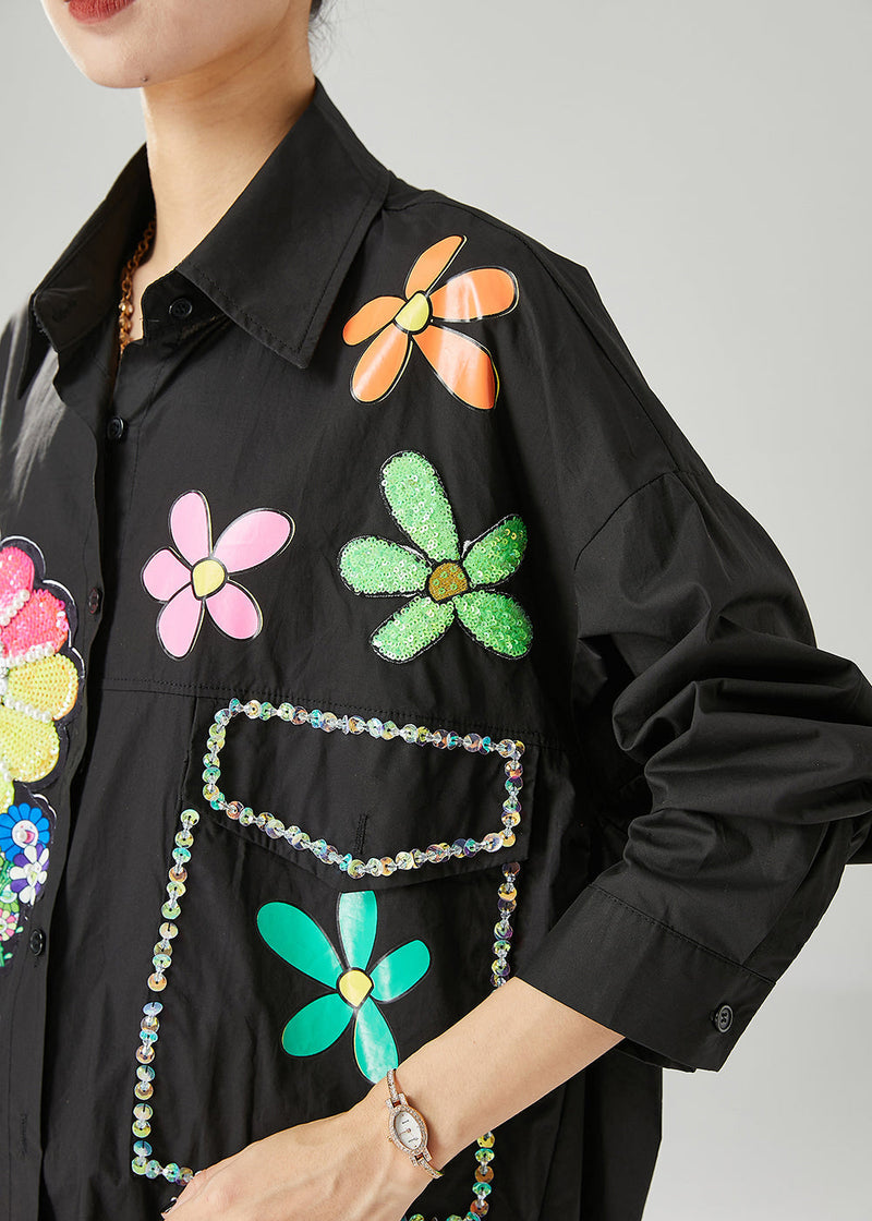 Black Oversized Sunflower Sequins Cotton Blouses Fall