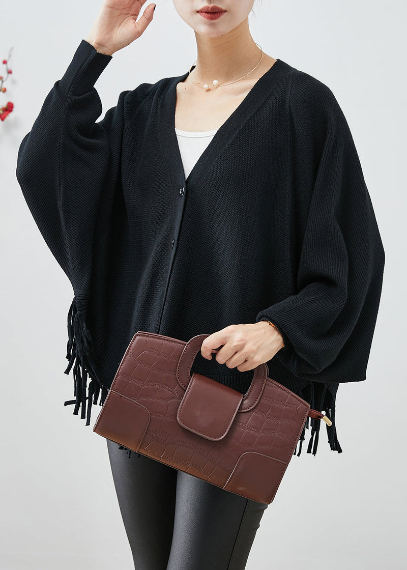 Black Oversized Tasseled Knit Coats Fall