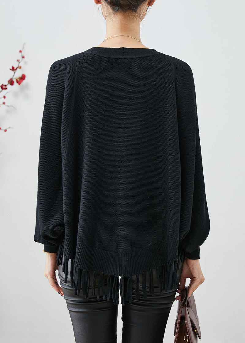 Black Oversized Tasseled Knit Coats Fall