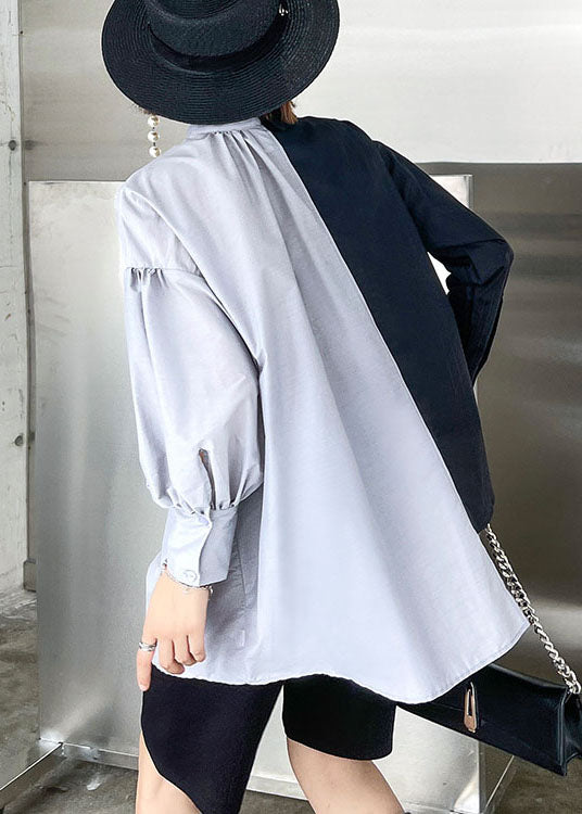 Black Patchwork Button Asymmetrical Design Fall Long Sleeve Shirt Top