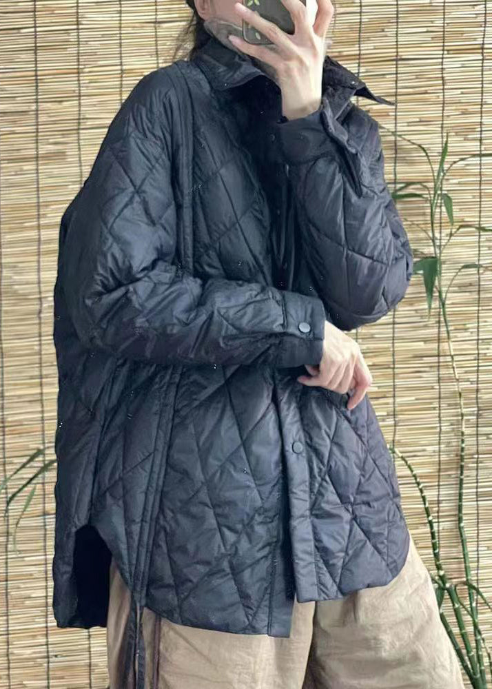 Black Peter Pan Collar Button Patchwork Duck Down Coat Winter