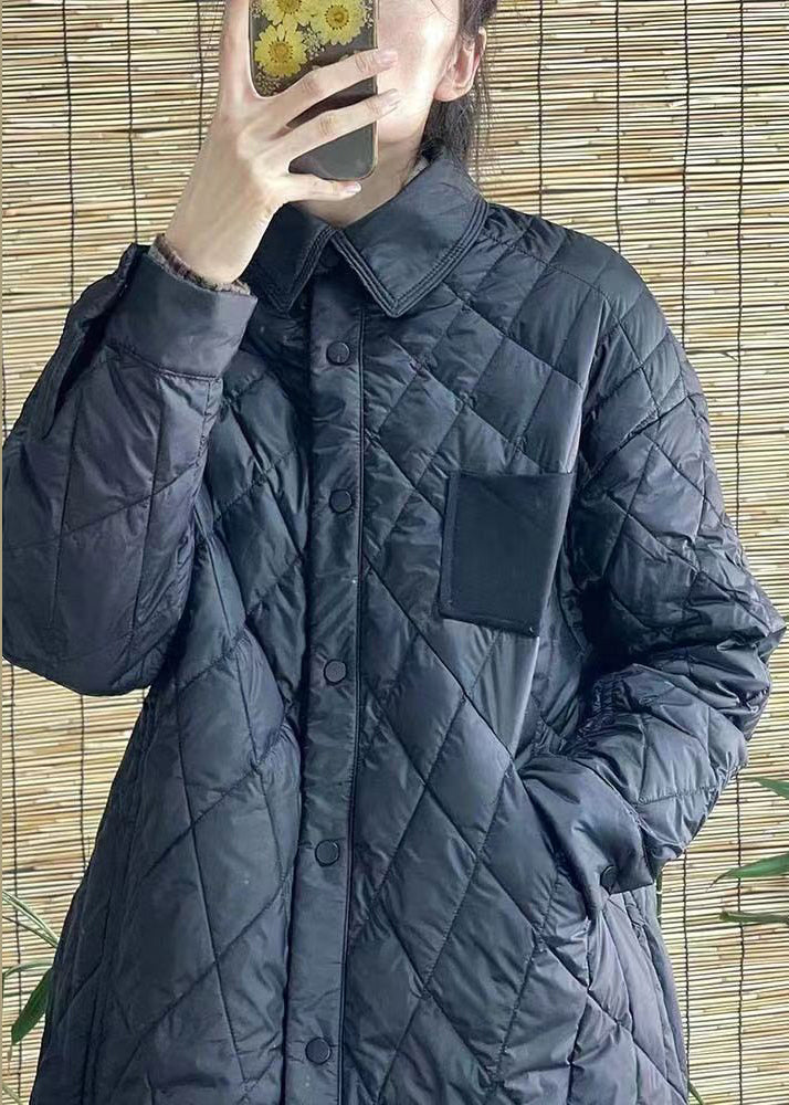 Black Peter Pan Collar Button Patchwork Duck Down Coat Winter
