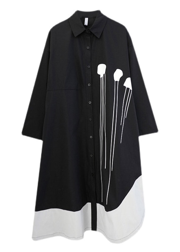 Black Peter Pan Collar Button Patchwork Long Dresses Long Sleeve