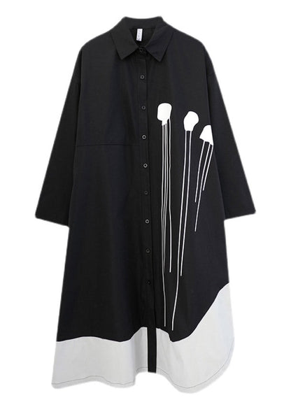 Black Peter Pan Collar Button Patchwork Long Dresses Long Sleeve