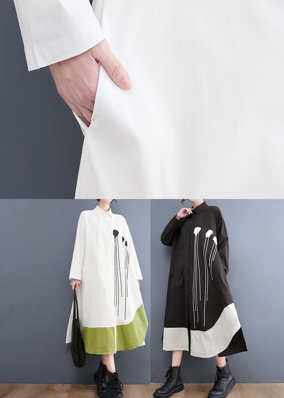 Black Peter Pan Collar Button Patchwork Long Dresses Long Sleeve
