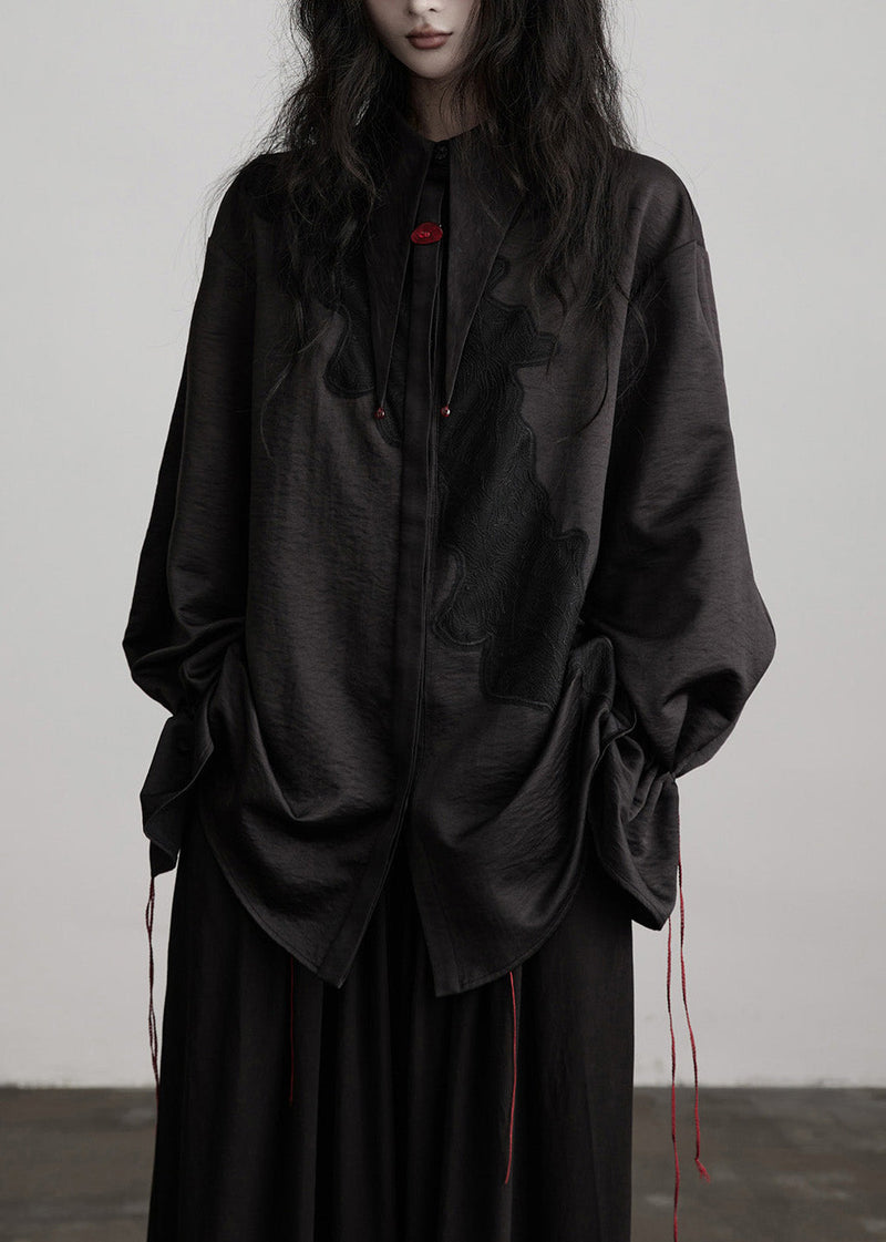 Black Peter Pan Collar Drawstring Patchwork Silk Blouses Spring